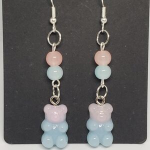 Handmade Gradient Beaded Lightweight Pink Blue Kawaii Gummy Bear Dangle Earrings